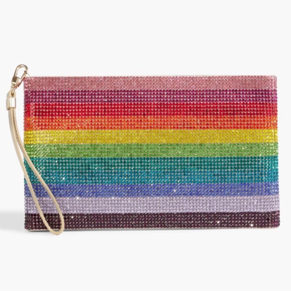 NIB Judith Leiber Rainbow Zip Pouch Satin Crystal Embellished Clutch Pride